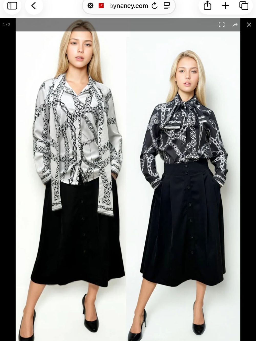 Chain print blouse with tie neck. White with black design Large New with Tags